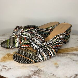 Express size 8 multicolored fabric slip on open toe heels